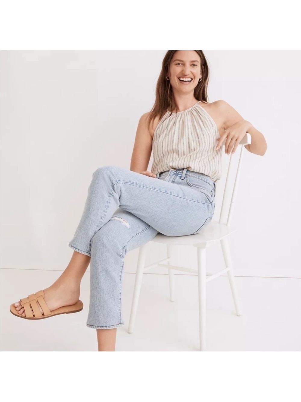 Madewell Light Blue High-Rise Straight Jeans with Distressed Knee